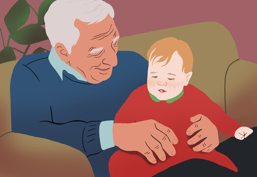 Grandfather enjoying time with sleeping grandson