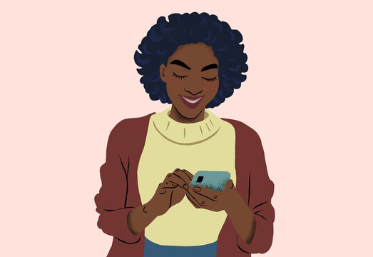 Smiling Woman Texting on Her Smartphone