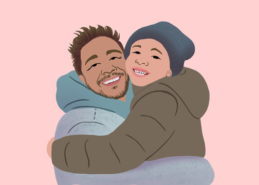 Cozy Embrace of a Smiling dad and son in Illustration