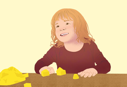 Happy child playing with building blocks illustration