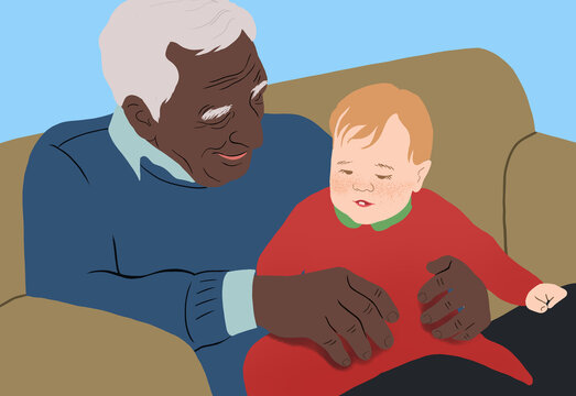 Grandfather's gentle touch with sleeping grandchild