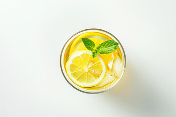 Glass of lemon ice tea on white background, top view.