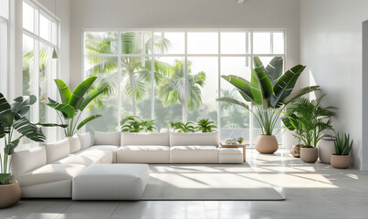 jasne nowoczesne wnętrze salonu w minimalistycznym stylu, duże okna i delikatne światło, rośliny w doniczkach - obrazy, fototapety, plakaty