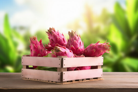 pitayas fresh in wooden crate, blurred plantation background