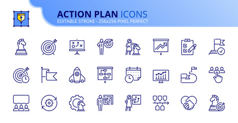 Simple set of outline icons about action plan