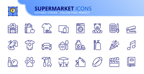 Simple set of outline icons about supermarket