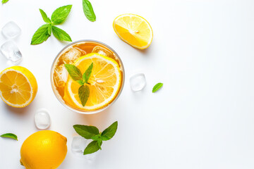 Glass of lemon ice tea on white background, top view.