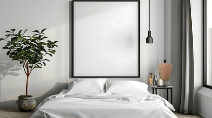 A mockup poster blank frame hanging above a minimalist bed frame, Scandinavian living area