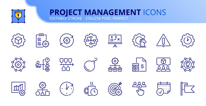 Simple set of outline icons about project management