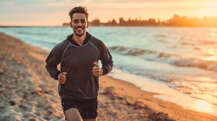 A handsome young man wearing shorts, jogging or running on the ocean or sea sand beach during the sunset. Cardio workout, healthy fitness lifestyle guy, waves in the background, active male