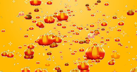Growing falling pumpkin BG with particle. Falling pumpkin on a Yellow background for Halloween, Thanksgiving, Party, Cartoon, and Horror. Halloween pumpkin particle. Easy to use.