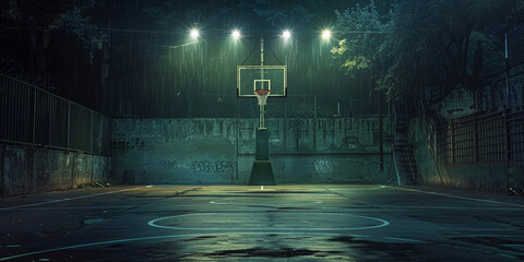 An empty basketball court at night, A basketball court with the word basketball on the bottom.

