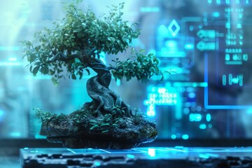 Cyberpunk bonsai with cybernetic robotic and digital elements, futuristic vision