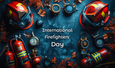 International Firefighters' Day commemorative layout with vintage firefighting equipment, helmets, and autumn leaves on a dark textured backdrop
