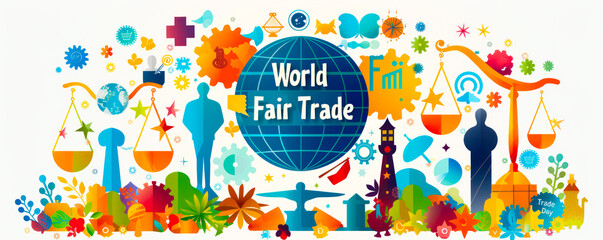 Colorful illustration celebrating World Fair Trade Day with a globe, scales of justice, and various symbols of ethical commerce and global partnership