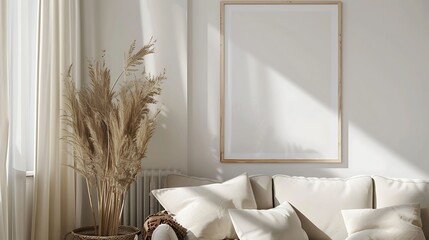A mockup poster blank frame hanging above a cozy reading corner, Scandinavian living area