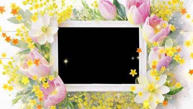 Rectangular photo frame with tulips and mimosa Loop video
