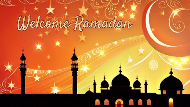 textual Islamic animation background - Welcome Ramadan with mosque silhouette, beginning of fasting month for Muslims