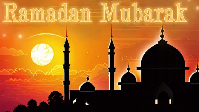 textual Islamic background in motion - Ramadan Mubarak with silhouette of a mosque, beginning of fasting month for Muslims 