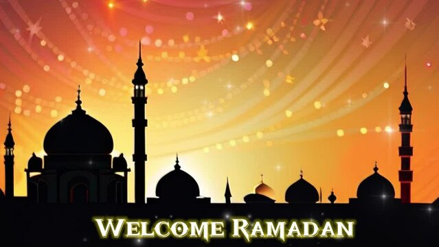 textual Islamic illustration in motion - Welcome Ramadan with mosque silhouette, beginning of fasting month for Muslims