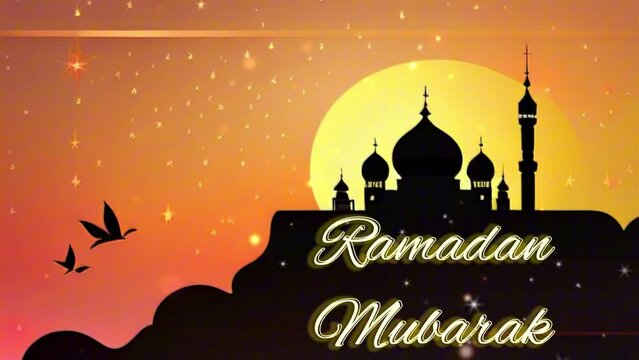 textual Islamic background - Ramadan Mubarak with silhouette of a mosque, beginning of fasting month for Muslims 