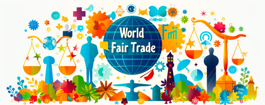 Colorful illustration celebrating World Fair Trade Day with a globe, scales of justice, and various symbols of ethical commerce and global partnership - Powered by Adobe