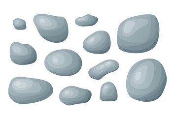 Beach pebble stone set. Hand drawn smooth stone of different shape. Organic rick from river landscape, speck shape. Vector illustration isolated on white background - obrazy, fototapety, plakaty