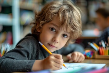 Preschool education, boy drawing indoors