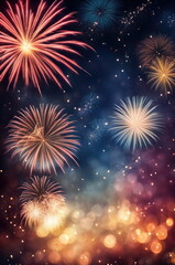 Fototapeta na wymiar Festive Fireworks Bursting with Glittering Bokeh on Night Sky