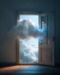 Door opening to the sky. An abandoned building stands tall, with a door opening to the sky, revealing dark clouds and a glimpse of the ground below through a cracked window on the wall