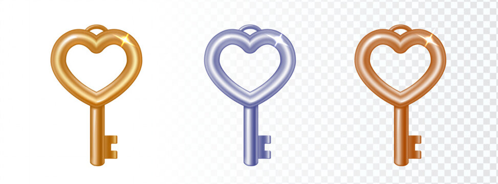 Set of 3d keys with hearts. Isolated realistic decorative vector element.