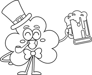 Outlined St. Patrick's Clover Leaf Cartoon Character With Pipe Holding Mug Of Beer. Vector Hand Drawn Illustration Isolated On Transparent Background
