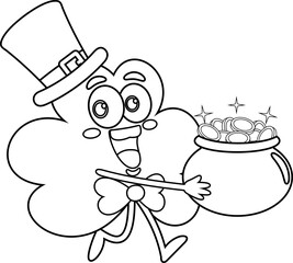 Outlined St. Patrick's Clover Leaf Cartoon Character Running With A Pot Full Of Gold Coins. Vector Hand Drawn Illustration Isolated On Transparent Background