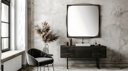 A mockup poster blank frame hanging above a chic vanity table, Scandinavian living area