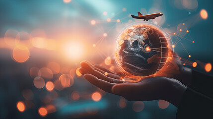 hand holding a globe with airplanes flying around it- concept for transportaition and aviation
 - obrazy, fototapety, plakaty