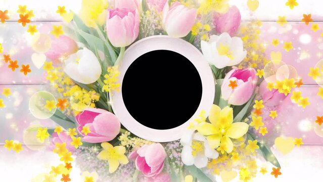 Circular photo frame with tulips and mimosa Loop video