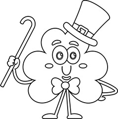 Outlined St. Patrick's Clover Leaf Cartoon Character. Vector Hand Drawn Illustration Isolated On Transparent Background