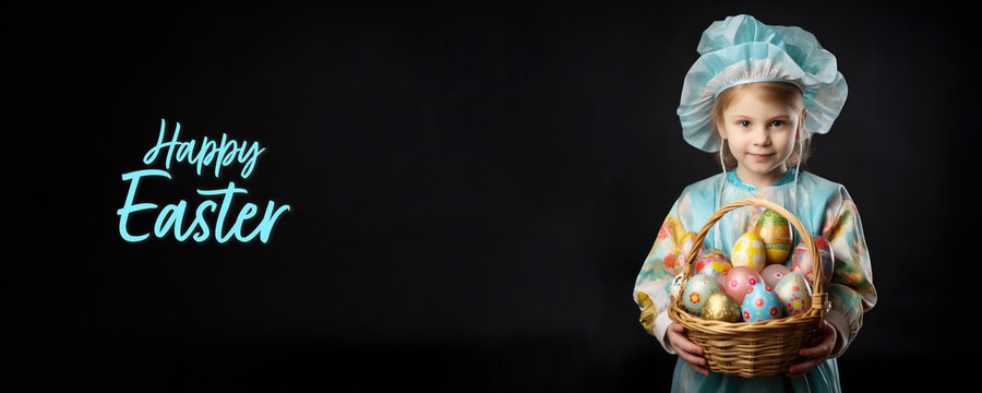 Easter basket with decorated eggs, Fictional character created by Generative AI. 