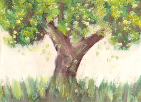 Tree painted in gouache - real hand drawn