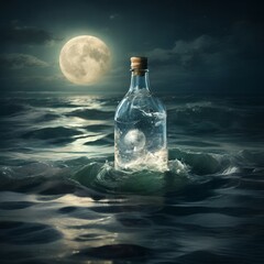 Reflection of moonlight in a bottle in sea water