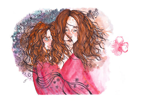 Illustration of two red-haired girls by hand in watercolor