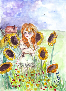Girl with freckles in a field of sunflowers - hand drawn watercolor illustration