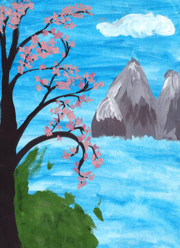 Landscape with a flowering tree - hand-drawn gouache illustration