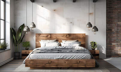 Drewniane łóżko na tle pustej białej ściany z miejscem do kopiowania. Skandynawska stylistyka, nowoczesna sypialnia  - obrazy, fototapety, plakaty