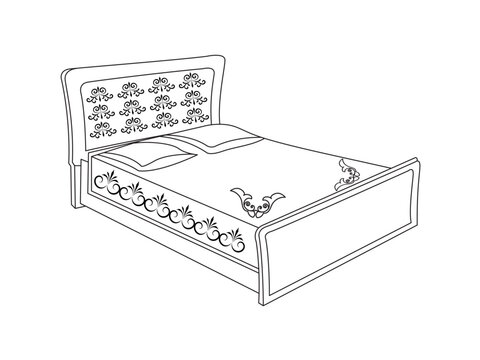 recommend clip art: Bed doodle icon in vector. Hand drawn bed icon in vector. Doodle bed illustration, contemporary bedroom interior with Modern Upholstered Headboard, white bed featuring a cozy blanket