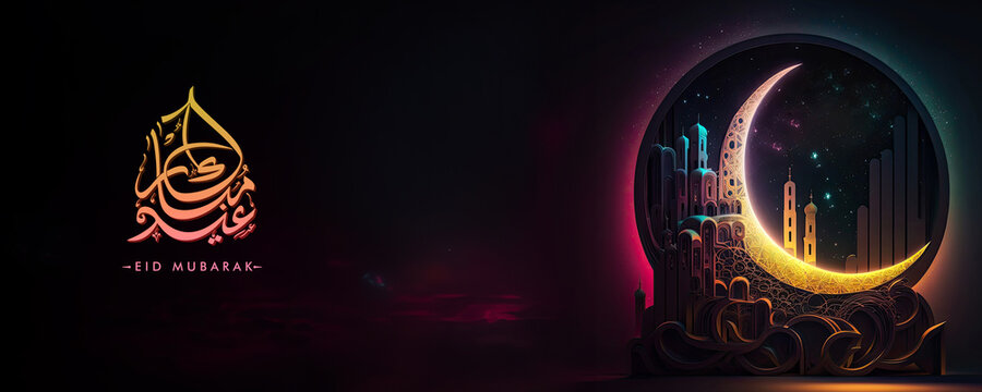 Amazing architecture design of muslim mosque, crescent moon and stars, ramadan mubarak concept, Generative AI.