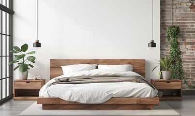 Drewniane łóżko na tle pustej białej ściany z miejscem do kopiowania. Skandynawska stylistyka, nowoczesna sypialnia  - 740676258