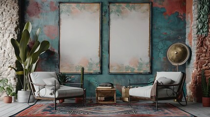 A Mock up poster frame in chic bohemian interior background with eclectic furnishings 3D render