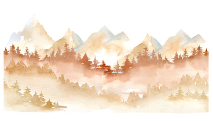 Watercolor vector misty landscape with rocks fog and pine trees. Mountain landscape. Foggy forest , mountains clipart for greeting cards, save the date, stationery design