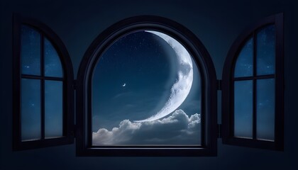 Mystical window with crescent moon in night sky. 